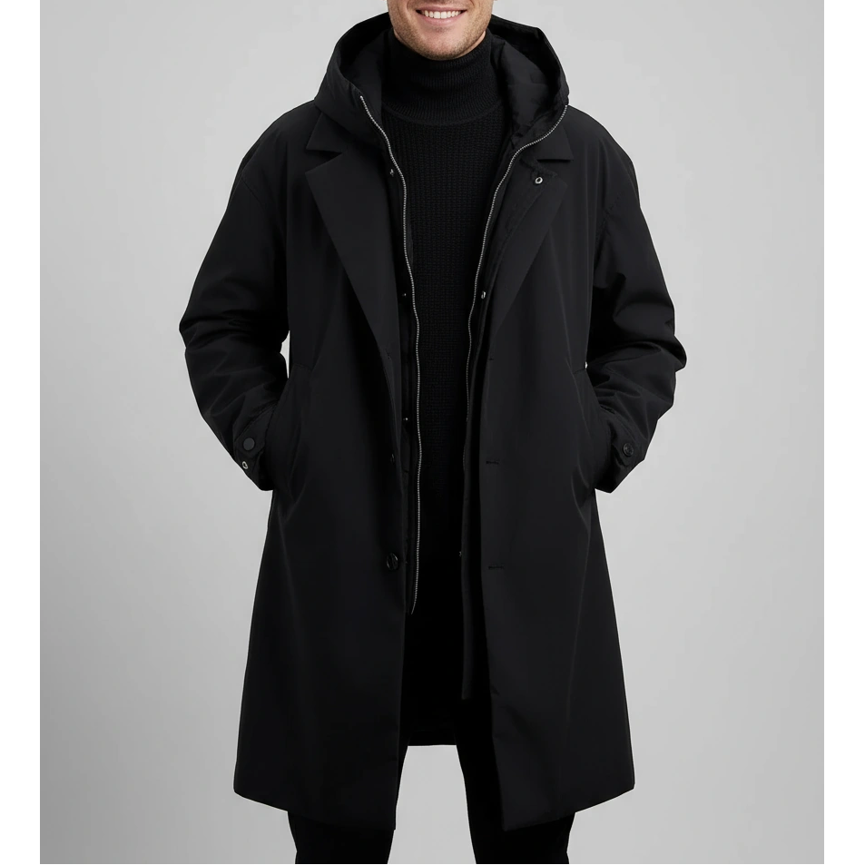 Langer Herren-Puffer-Trenchcoat mit Kapuze