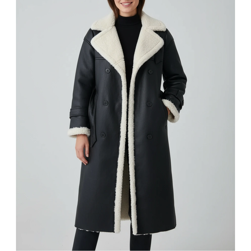 Lange klassische Jacke mit Fleece Fütterung und Teddykragen