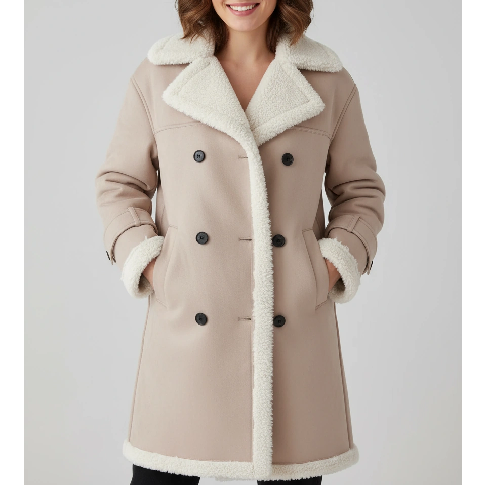 Lange klassische Jacke mit Fleece Fütterung und Teddykragen